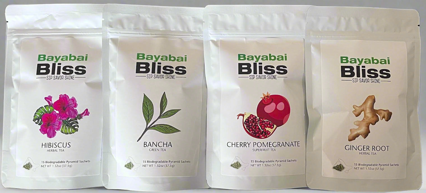 THE BAYABAI BLISS BUNDLE 4PK (GINGER, HIBISCUS, BANCHA GREEN TEA, CHERRY POMEGRANATE
